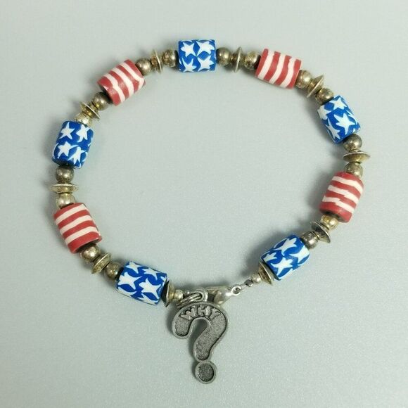Vintage Red White and Blue Clay Beaded Bracelet with Why? Silver Tone Charm - Picture 3 of 7